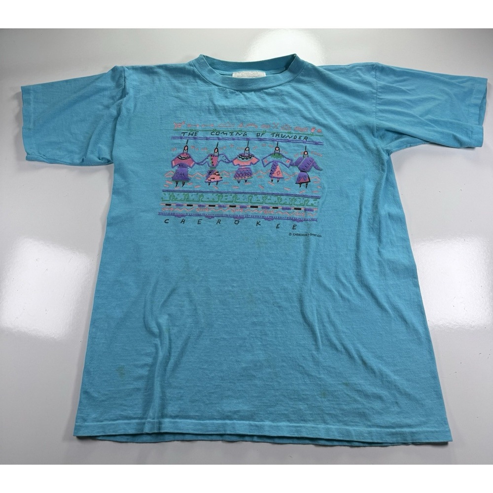 VINTAGE 90s The Coming Of Thunder Native American‎ T Shier Art LRG Turquoise Tee